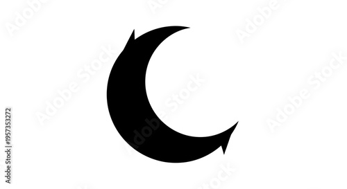 Black crescent moon shape with arrow tips, abstract symbol, isolated on white background