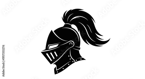 Black Knight Helmet Silhouette with Plume, Medieval Warrior Headgear Icon