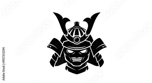 Black Samurai Helmet Icon, Warrior Face Emblem, Japanese Bushido Symbol