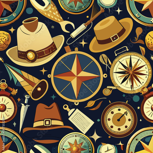 A vintage pattern of travel-related artifacts creates a sense of exploration and adventure, reminiscent of bygone eras.