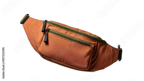 Fotografie Modern orange fanny pack with multiple zipper compartments for active travel and