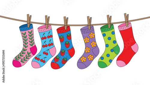 A sock colorful illustration of six socks hanging on a clothesline