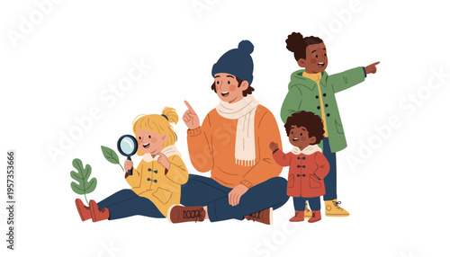 A family of four enjoying a fun outdoor activity together in winter