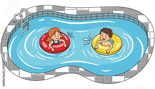 A cartoon illustration of children playing in a swimming pool with inflatable rings