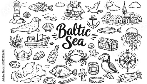 Baltic Sea vector illustration with various nautical icons and symbols