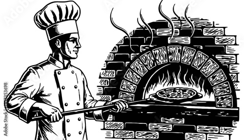 A chef in a white uniform cooking pizza in a brick oven