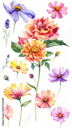Floral watercolor art with bright cosmos and dahlia blooms