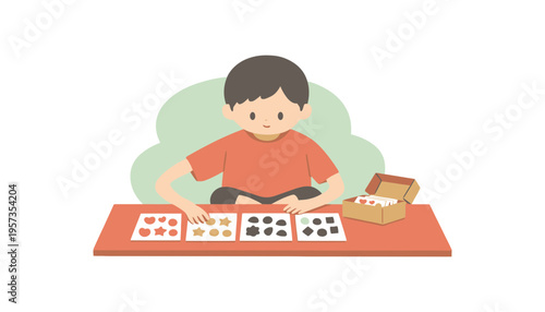 A boy playing with colorful puzzle pieces on a table
