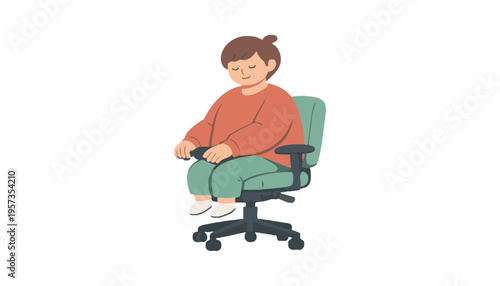 A woman sitting comfortably in a green office chair with wheels