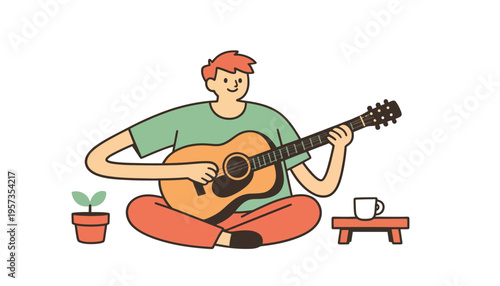 A young man playing an acoustic guitar illustration in a relaxed setting