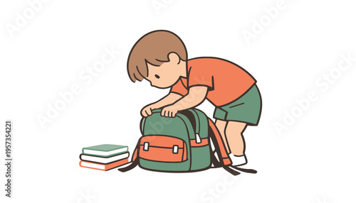 A young boy packing a green and orange backpack with books for school