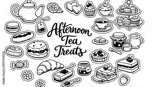 Afternoon tea treats illustration with various sweet and savory food items