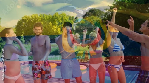 Animation of flag of ecuador over happy caucasian friends dancing, having fun at swimming pool