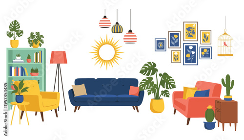 A colorful living room interior with modern furniture and plants illustration