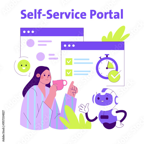 Woman Interacting with Robot on Self-Service Portal
