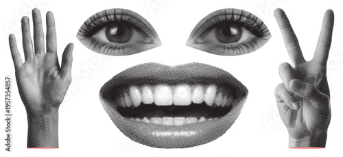 Set of retro halftone parts of body. Trendy halftone eyes, mouth, open hand, peace sign collection. Halftone collage elements. Vector illustration.