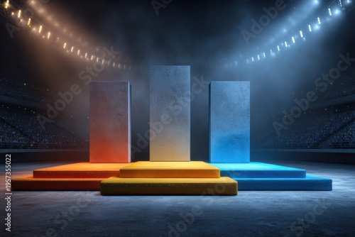Three tiered concrete podiums in a stadium with spotlights and smoke stage award