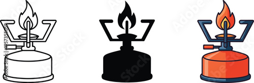 Vector graphic illustrations of camping gas stoves in line, solid, and colored styles on white background