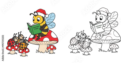 Cute Christmas Bee Reading Stories to Ladybugs - Festive Cartoon Illustration on Mushrooms