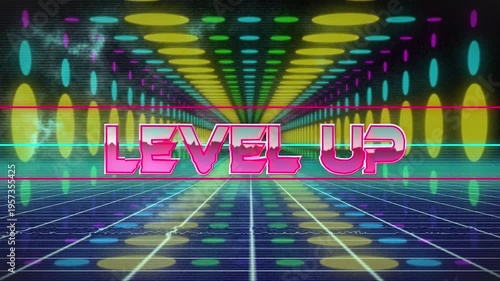 Animation of level up over tunnel made of colorful lights