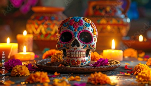 Day of the Dead Sugar Skull Altar with Marigolds and Candles.