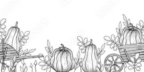 Seamless border with a wooden cart, pumpkins, leaves, mushrooms. Botanical vector illustration. Hand drawn in black ink. Outline banner with vegetables for Thanksgiving and harvest