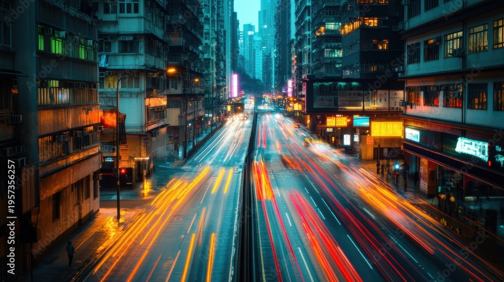 Obraz premium Lively Neon City Street Night with Motion Blur