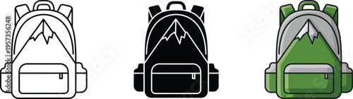 Colorful backpack designs with mountain logo on white background