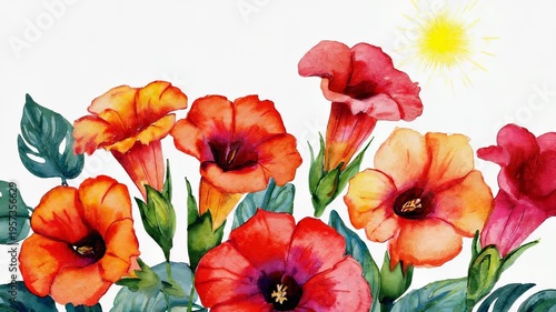 Vibrant Watercolor Hibiscus Flowers with Lush Green Leaves, Tropical Floral Illustration for Design and Backgrounds.