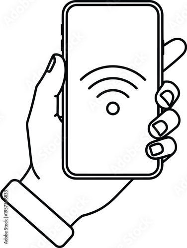 A hand holding a smartphone with a wi fi symbol on the screen