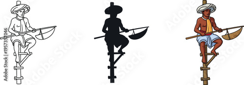 Traditional indian man sitting on a pole with a fishing net on white background