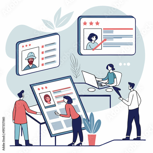 People reviewing profiles and working on laptop teamwork