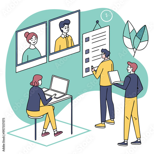 Team collaboration with call and checklist laptop