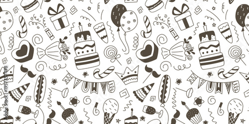 Birthday seamless pattern. Ink doodle style holiday elements and attributes on white background. Festive print loose drawing for packaging, textiles, paper, design. Vector graphic