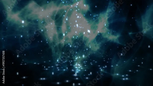 Nebula pulsing, particles streaming down, striking dark floor and creating shimmering ambient glow