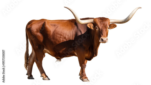 Fotografie Magnificent brown Texas Longhorn cattle with impressive long curving horns, full