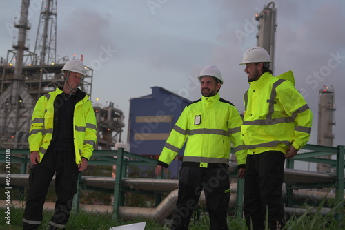 A team of male staff and inspectors shakes hands and congratulates a male foreman in uniform and helmet, an engineer, as the team discusses and plans a nighttime inspection of maintenance work at an o
