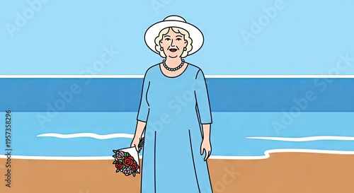Smiling elderly woman in blue dress holding flowers on beach  