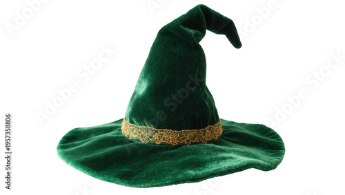 Obraz na plátně Festive dark green velvet wizard or witch hat with golden lace band for costume