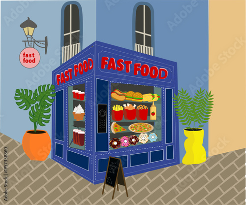Street fast food kiosk with burgers and snacks