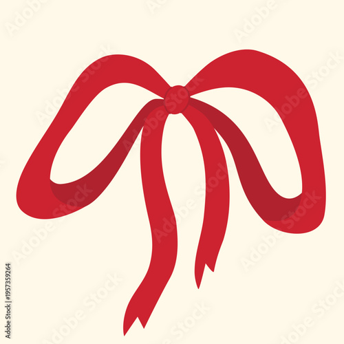  Ribbon tied in bow. Vintage flirty bow on beige background, clip art. Girly accessory, vector graphic