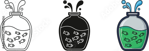 Colorful vector illustrations of fish in jars on white background
