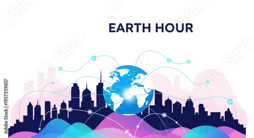 Illustration of a cityscape with a globe in the center, surrounded by lines and dots on a colorful background, representing World Meteorological Day and Earth Hour with a modern weather