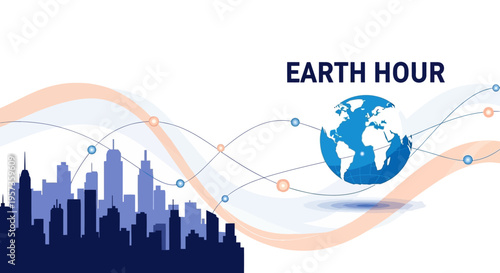 Illustration of a city skyline with a globe and lines, representing World Meteorological Day and Earth Hour for weather science education and meteorology concepts