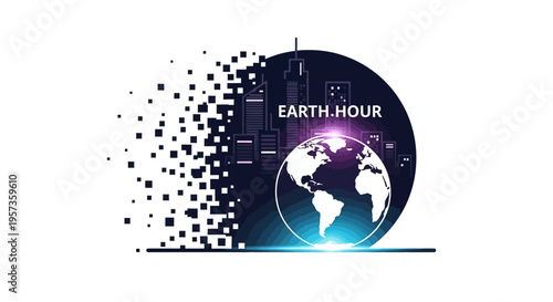 Vector illustration of a modern Earth Hour icon with a globe and city skyline silhouette on a white background, symbolizing meteorology and climate education