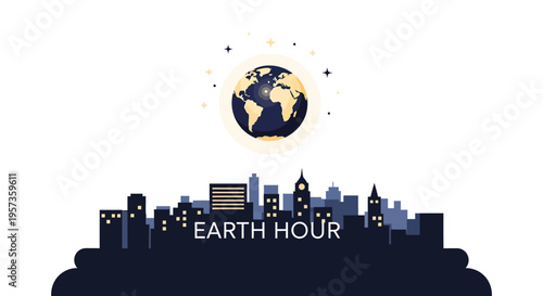 Illustration of a cityscape silhouette with Earth Hour logo and a globe icon, symbolizing World Meteorological Day and meteorology education