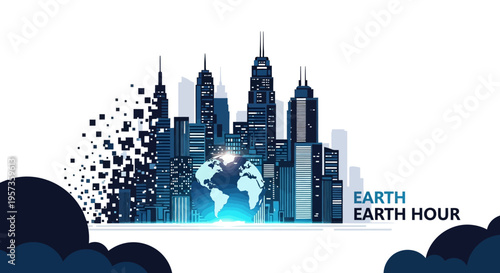 Vector illustration of a cityscape with a globe and modern weather icon for World Meteorological Day and Earth Hour education concept