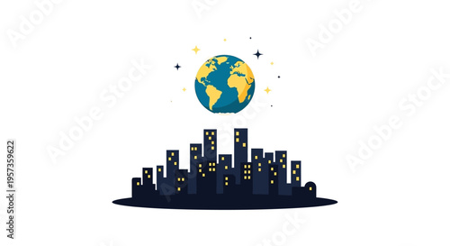 Vector illustration of a cityscape with a globe above, symbolizing World Meteorological Day and meteorology education in an urban setting with a modern design