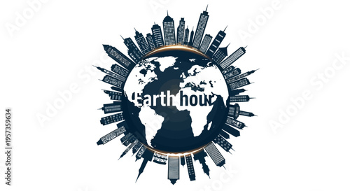 Vector illustration of a stylized Earth hour logo with city skyline silhouette and globe, symbolizing meteorology and climate education in a modern design