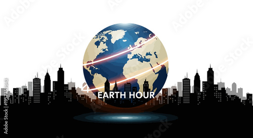 Illustration of Earth Hour concept with city skyline silhouette and modern weather icon design for meteorology and climate education
